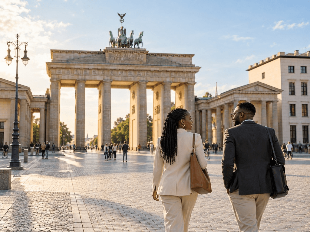 Two professionals walking near the Brandenburg Gate in Berlin.