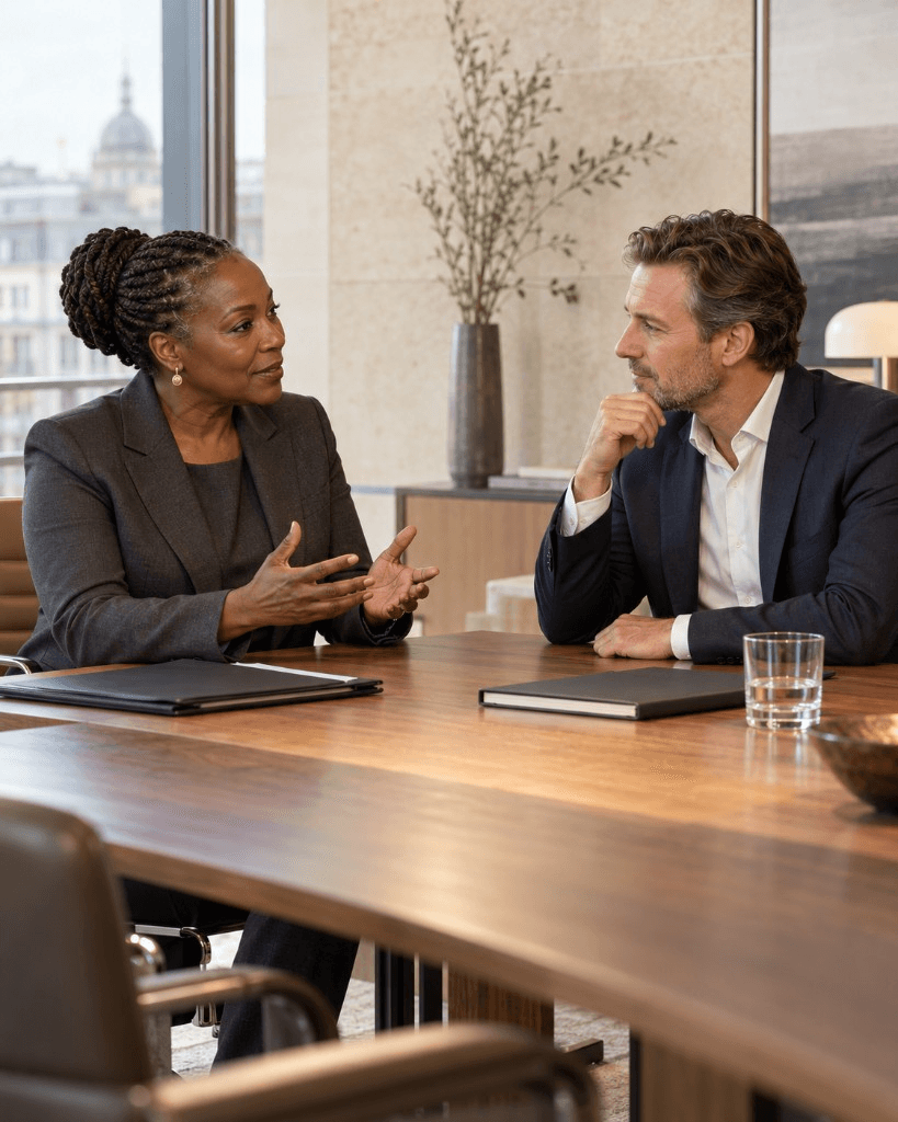 Two business professionals discussing recruitment needs.
