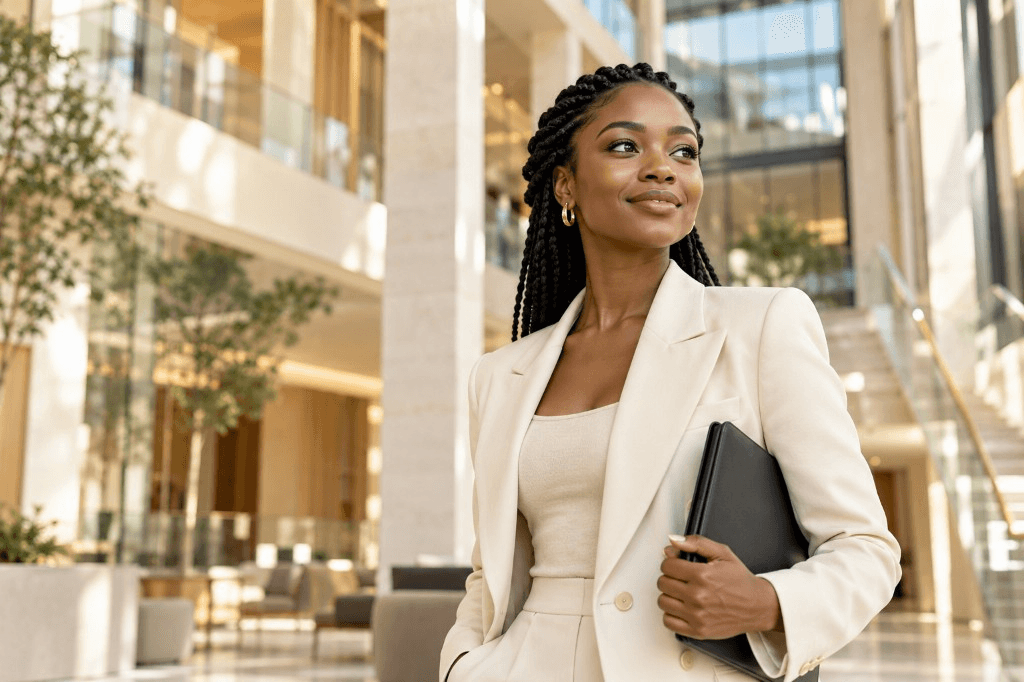 Professional woman in an ivory suit standing in a bright modern office atrium