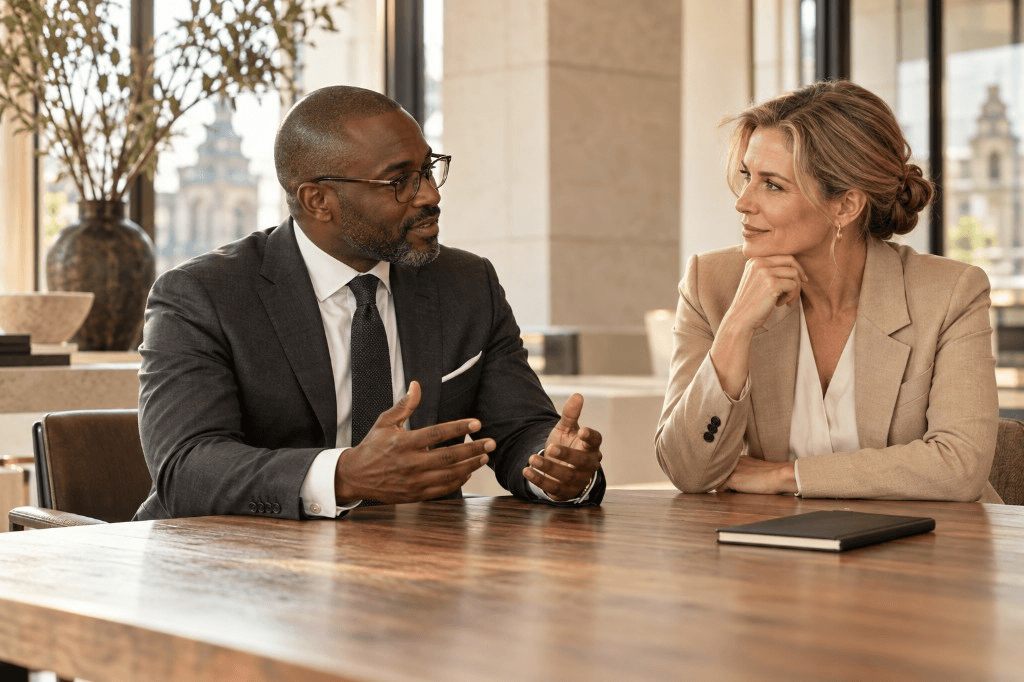 Two professionals in discussion at a meeting table in a contemporary office