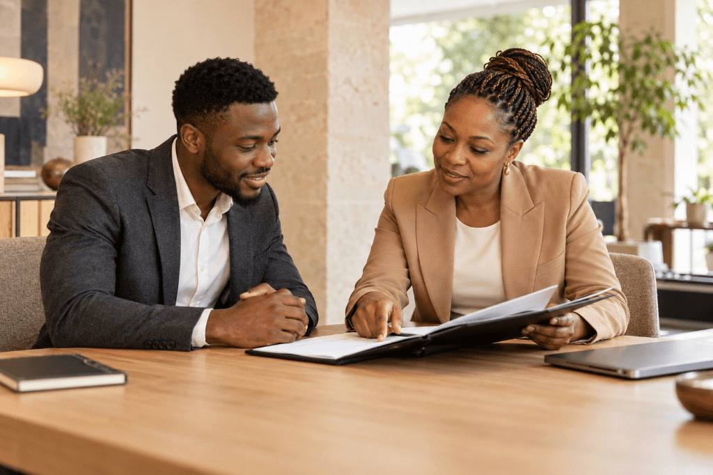 A professional discussing career preparation with an adviser.